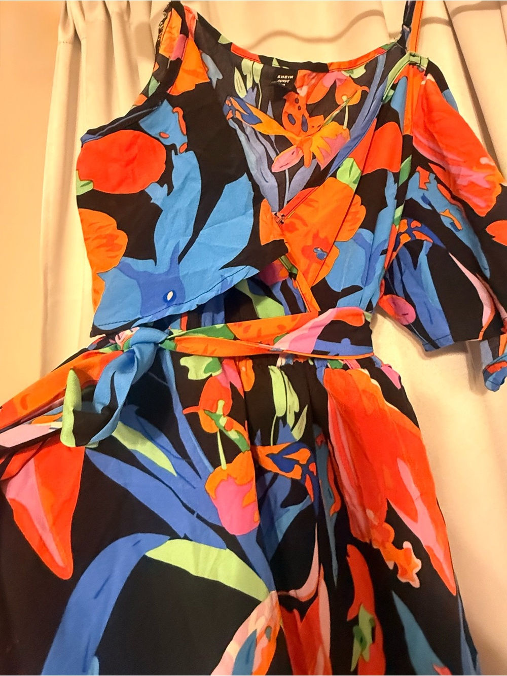 Bright Floral Off-Shoulder Women’s Dress - Black with Orange & Blue